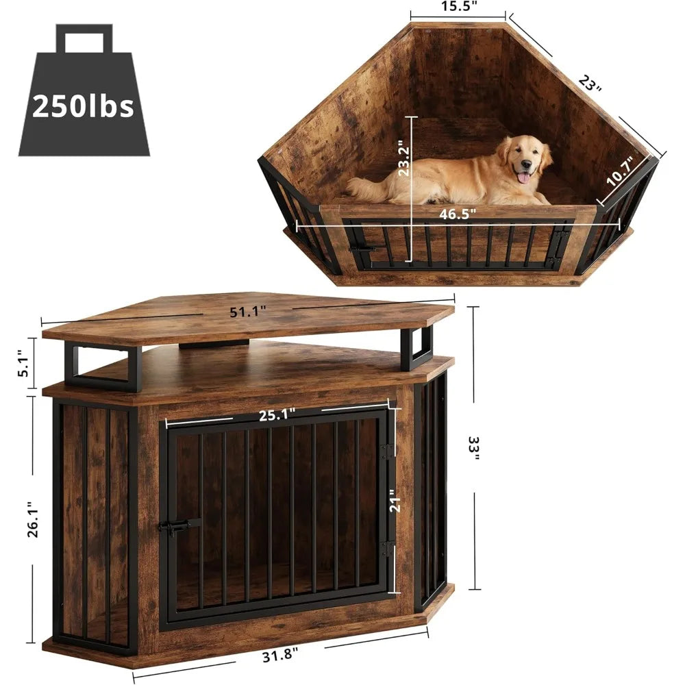51" Wide Corner Wooden Dog Crate Furniture with 2-Tier Shelves, Pet Kennel for Large Dogs, Space-Saving Dog Cage for TV Stand,