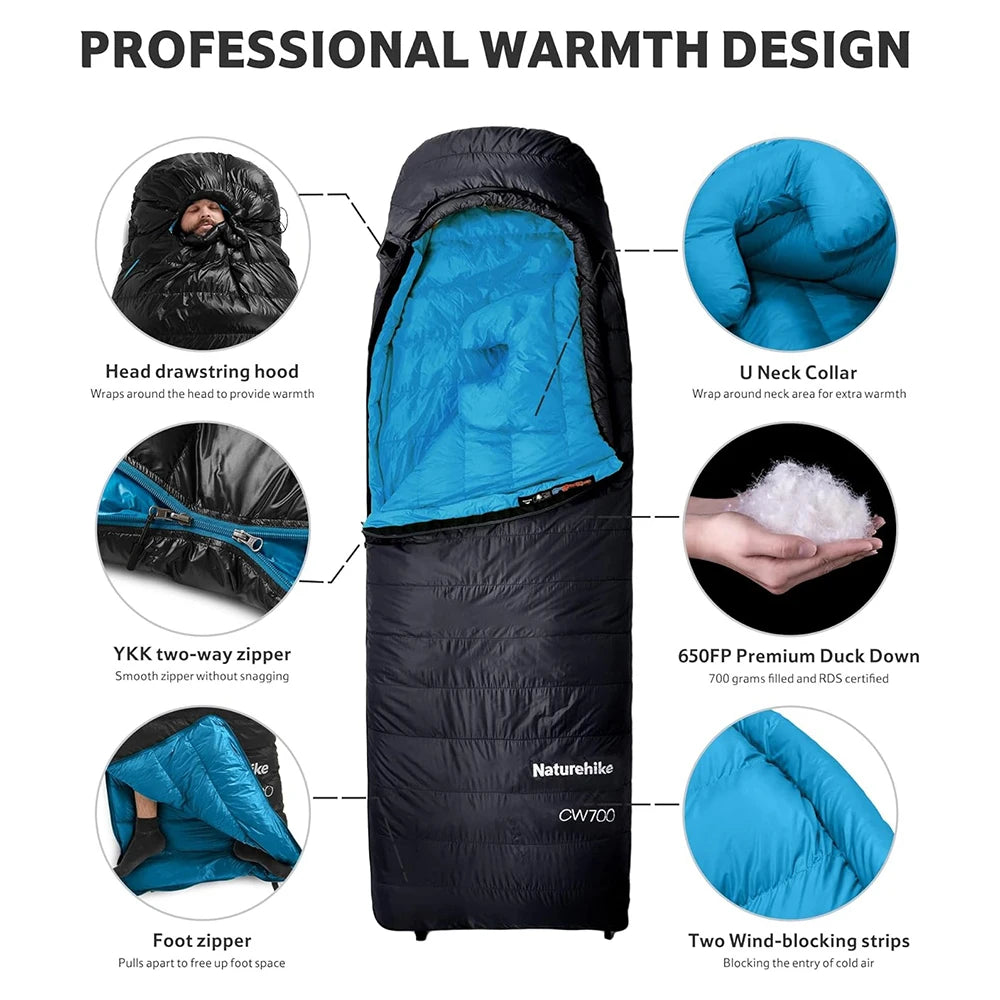 CW700 Sleeping Bag Ultralight Down Sleeping Bag for Adults Outdoor Winter Warm 650FP Duck Down Envelope Sleeping Bag