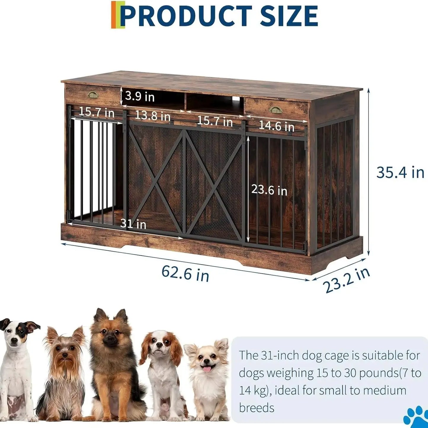 63 Inch Large Double Dog Crate Furniture with Divider Sliding Doors Storage Drawers Open Shelves Heavy Duty Wooden Indoor Dog Kennel Cabinet for Multiple Dogs Living Room Bedroom Entryway