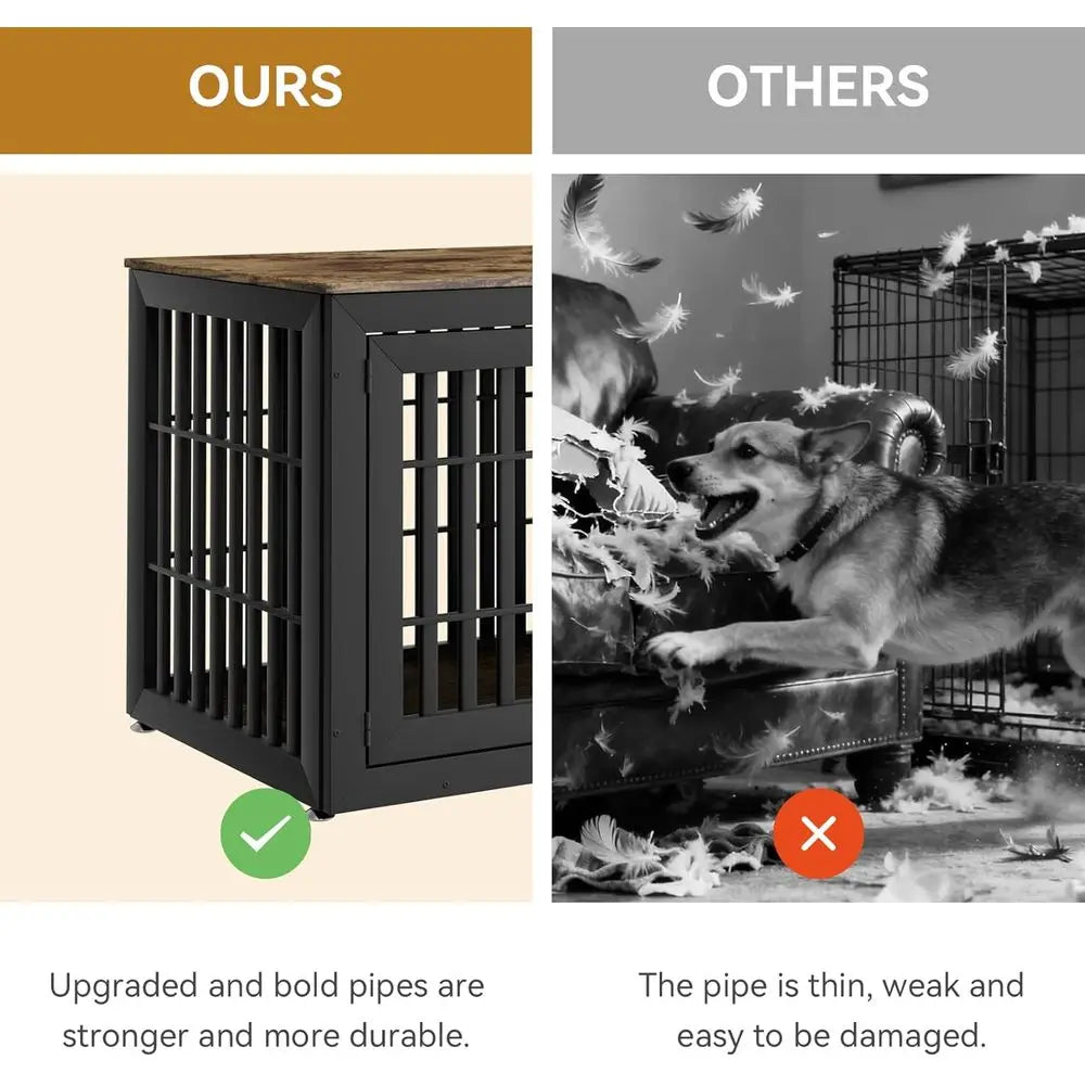 Rustic Brown & Black Decorative Wooden Dog Crate End Table with Waterproof Top for Large Dogs