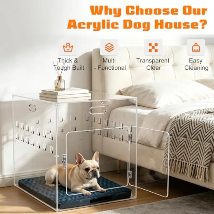 Acrylic Dog House, 27.5" L x 20" W x 24.5" H Clear Indoor Dog Crate Furniture for Small and Medium Dogs, Modern Transparent Pet