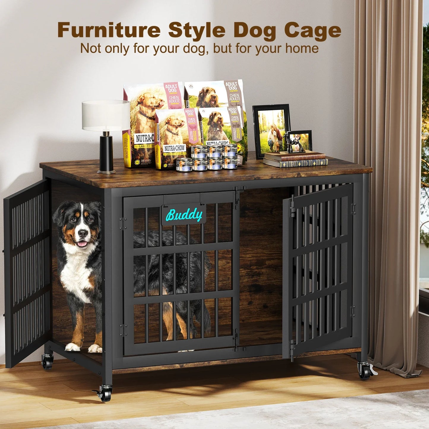 Dog Crate Furniture with Casters, Heavy Duty Dog Kennel Indoor for Large and Medium Dogs, Decorate House as TV Stand, Bedside Table
