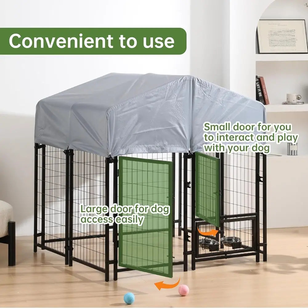 Outdoor Dog Enclosure Heavy Duty Dog Kennel House Mesh Dog Big Cage Pet Kennel Steel Fence with Secure Lock and UV-Resistant Water Bowls