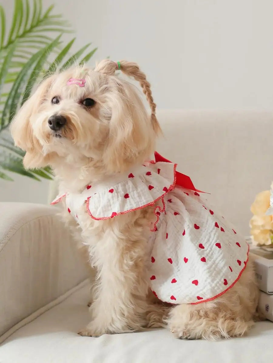Valentine's Day 1pc Heart Print Bow Decor Pet Dress For Dog For Summer