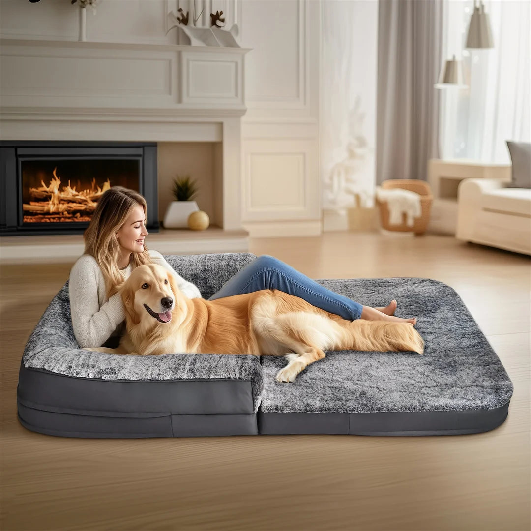 180cm Long Human-Size Giant Dog Bed Calming Pet Dog Bed Plush Cover Orthopedic Sponge Base with Foldable Design for Winter, Keep Warm