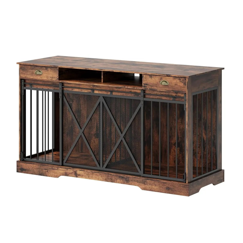 63 Inch Large Double Dog Crate Furniture with Divider Sliding Doors Storage Drawers Open Shelves Heavy Duty Wooden Indoor Dog Kennel Cabinet for Multiple Dogs Living Room Bedroom Entryway