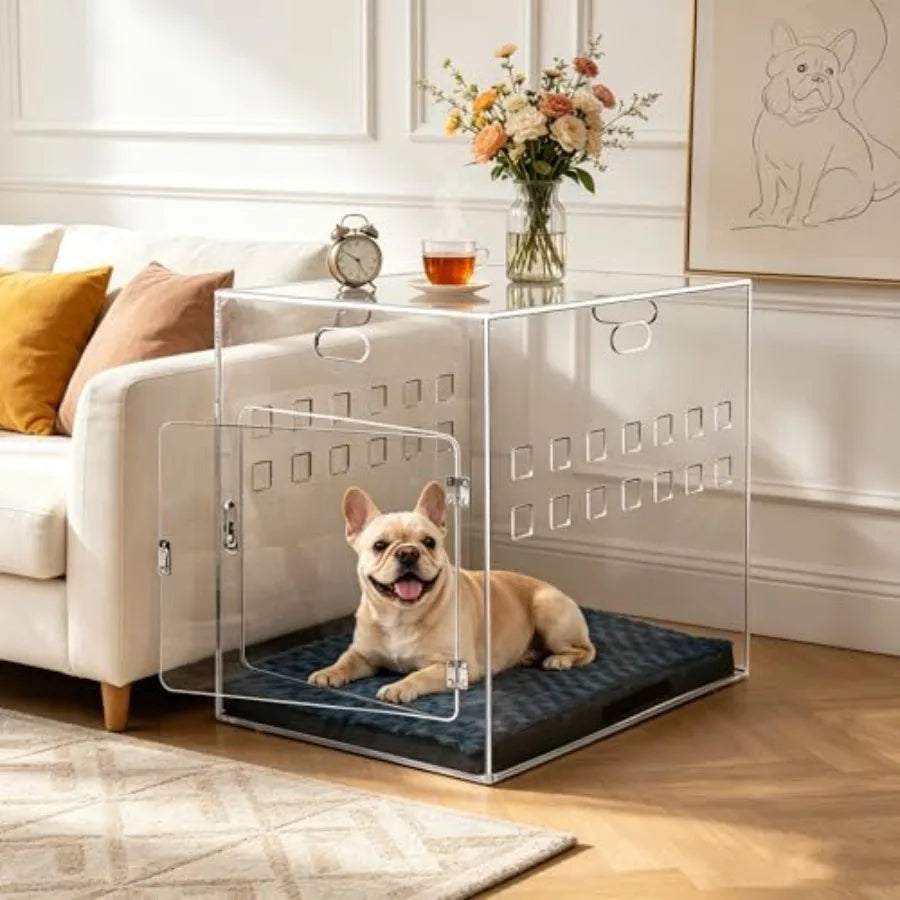 Acrylic Dog House, 27.5" L x 20" W x 24.5" H Clear Indoor Dog Crate Furniture for Small and Medium Dogs, Modern Transparent Pet
