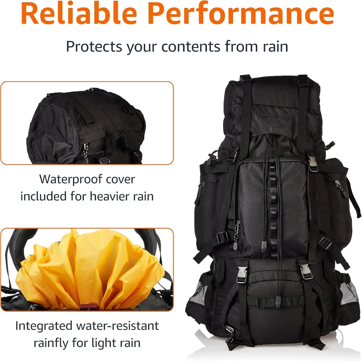 75L Internal Frame Hiking Backpack, Adjustable Straps, Rainfly & Waterproof Cover Included