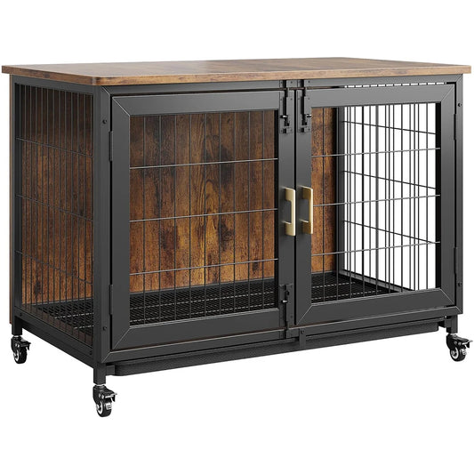37.5 Inch Wooden Dog Crate Furniture with Wheels, Heavy-Duty Steel Frame & Removable Tray, Rustic End Table for Medium Dogs up to 66 LBS, Lockable Casters for Easy Moving