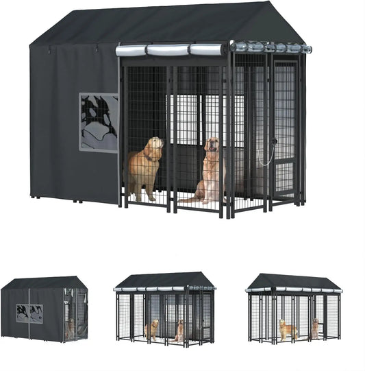 Waterproof Outdoor Dog Kennel Cover for 8'Dx4'Wx6'H Cages, Heavy Duty 600D Oxford Fabric, Black