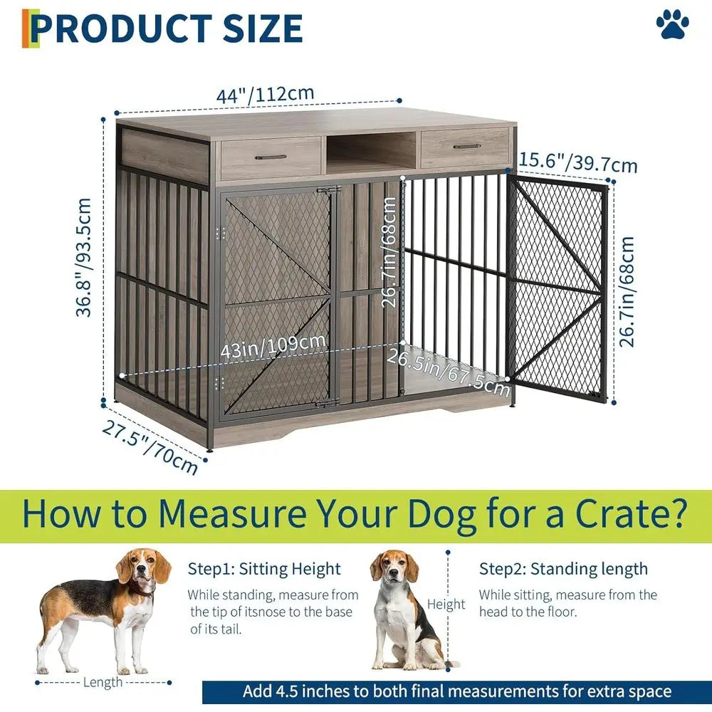 Sturdy Large Dog Crate Table with 2 Drawers and Open Compartment, Multifunctional Pet Furniture for Home Use