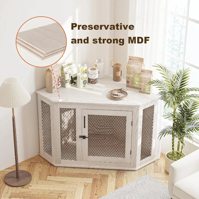 Corner Dog Crate Furniture, 52 inch Decorative Pet Crate with Metal Mesh, Wooden Dog Kennel Indoor Use for Small, Medium