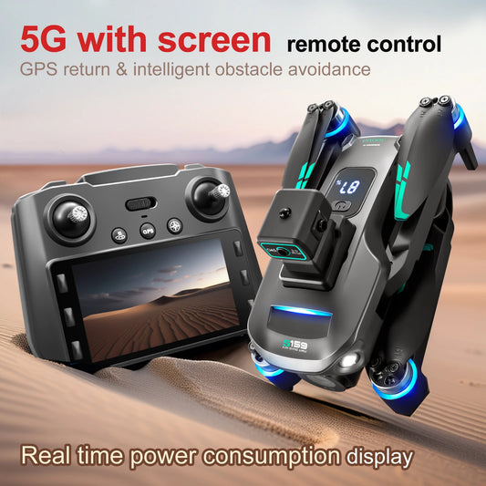 S159 GPS Drone 8K HD Dual Camera With Screen - 360° Obstacle Avoidance, Brushless Motor, 5G WiFi FPV Foldable Quadcopter Toy