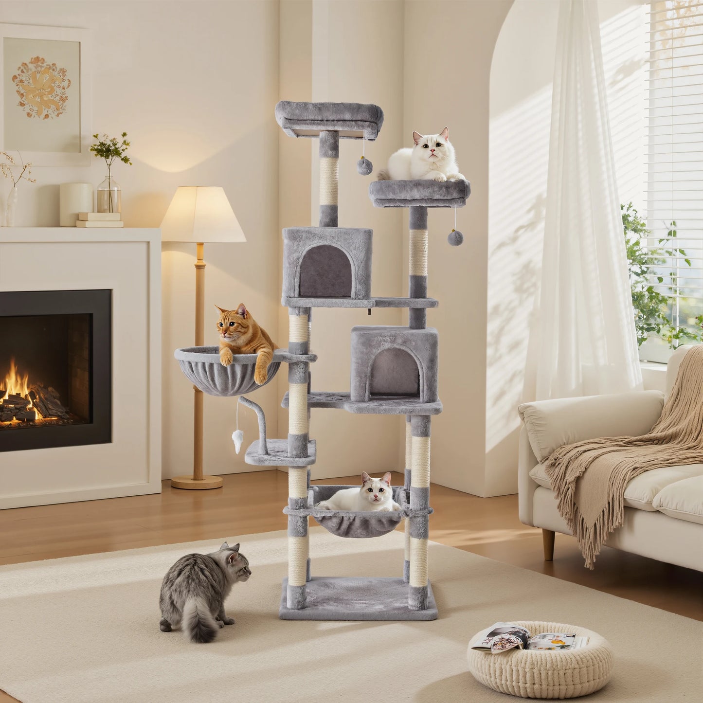 71 Inch Cat Climbing Tower Natural Sisal Scratching Posts, Multi-Level Cat Tree Tower with Condo Pet House for Indoor Cats