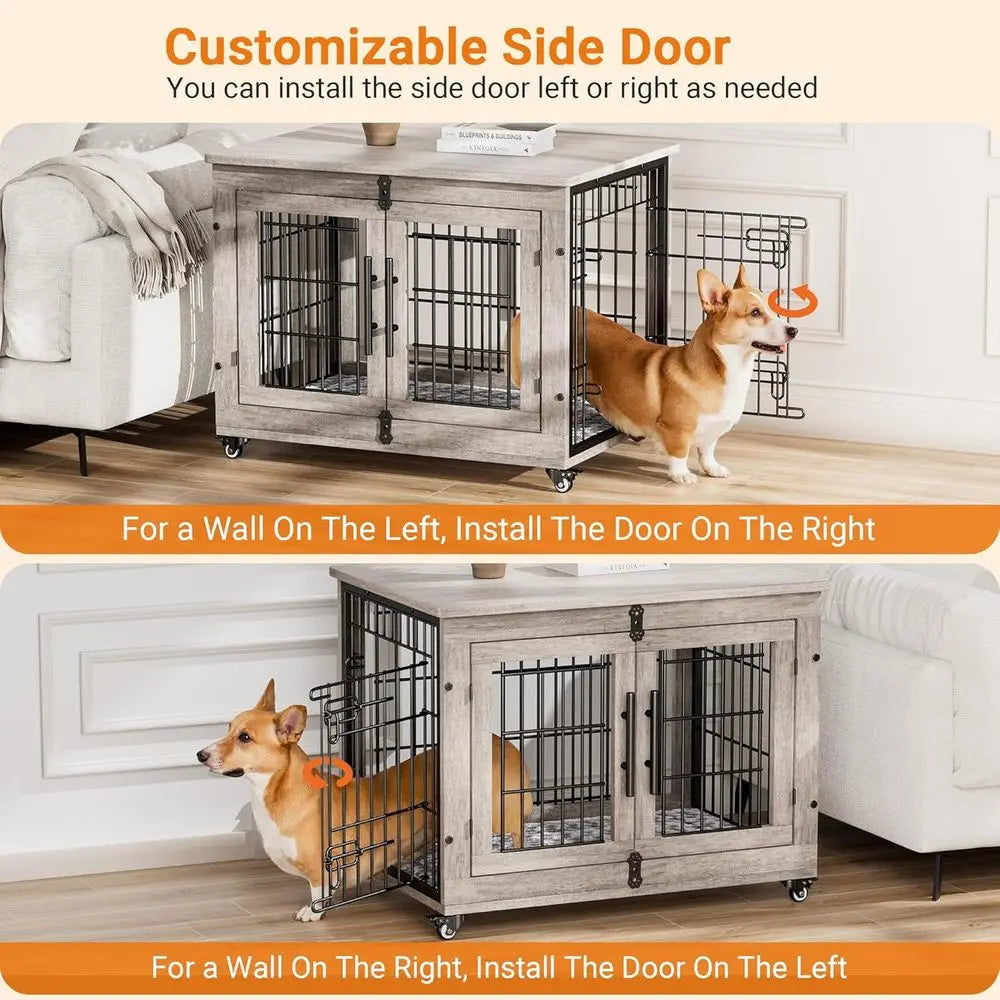 Dog Crate Furniture or Medium Dogs, 32'' Dog Kennel Indoor with Cushion & Wheels Wooden Dog Cage Double Door Dog Crate End Table