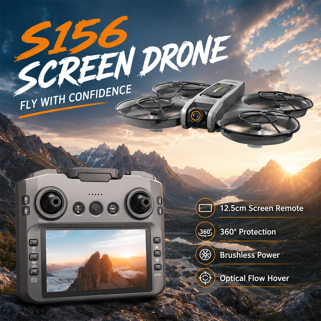 S156 RC Drone 8K Dual Camera Quadcopter with 5.9-Inch Screen Remote Brushless Motor Optical Flow Hovering 360° Protection WiFi FPV Remote Control Aircraft with Storage Bag 1 Battery