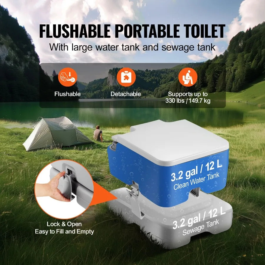 Portable Toilet for Camping with Carry Bag, RV Toilet with 3.2 Gal Waste Tank, Push-Button Pressurized Flush Commode, Leak-Proof