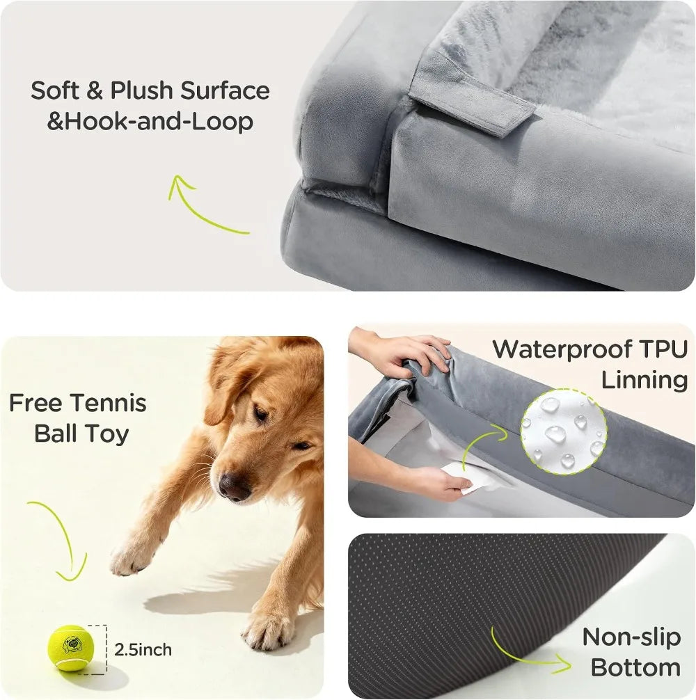Orthopedic Dog Bed for Extra Large Dogs, Memory Foam Pet Sofa with Bolster, Washable Cover, Non-Slip, 42x30 Inch, Grey