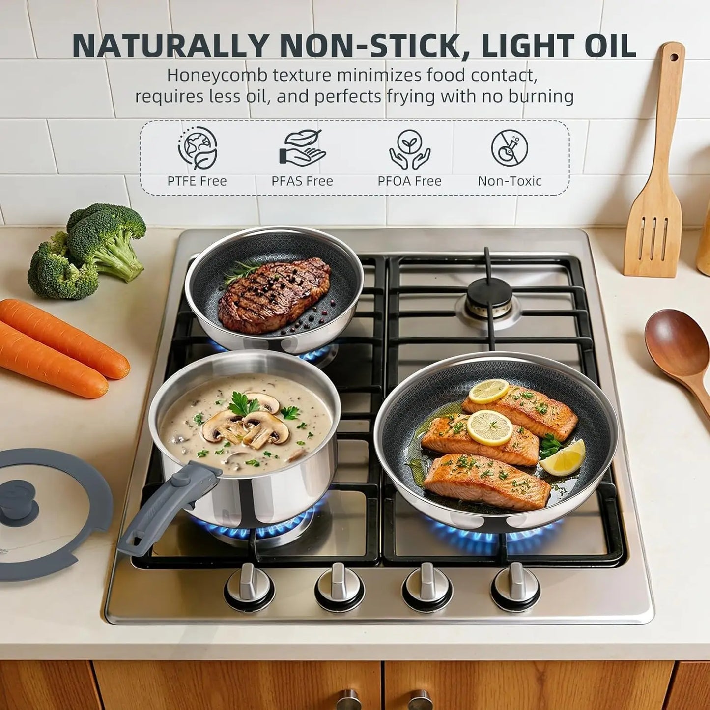 6-Piece Hybrid Stainless Steel Pots and Pans Set Non Stick, Tri-Ply Stainless Steel Cookware Set with Lids and Detachable Handle