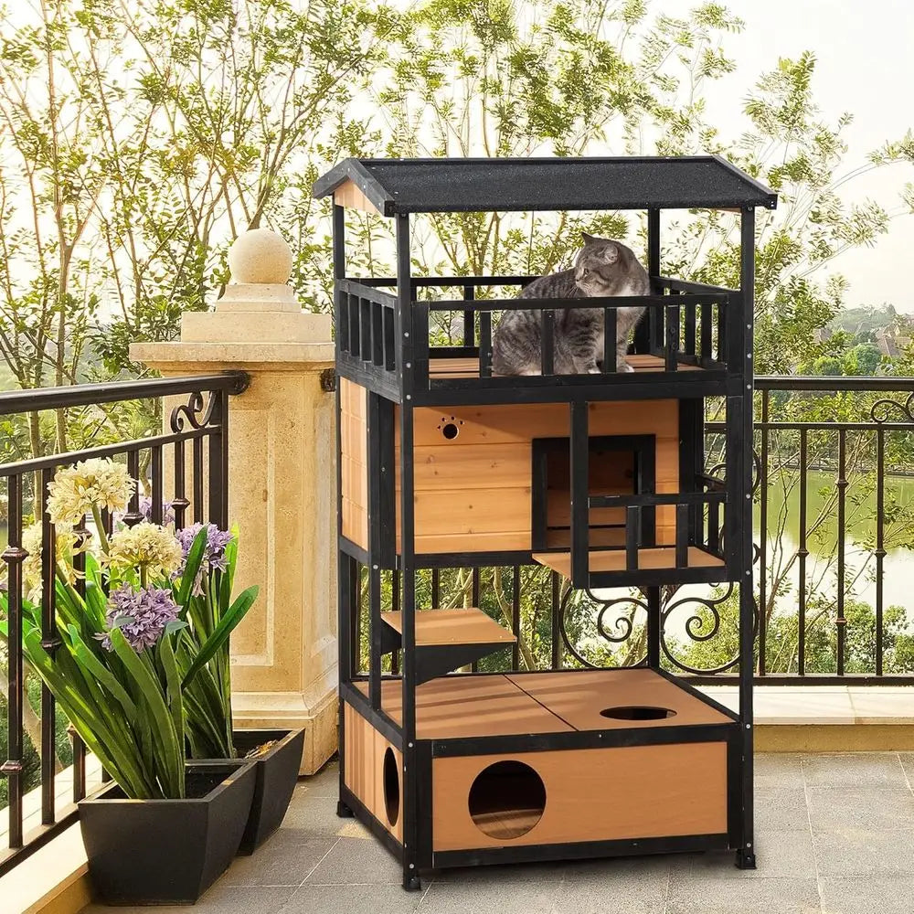 Wooden Outdoor Cat House, Feral Cat Shelter Kitten Condo with Asphalt Roof, Ese Do, Condo, Jumping Platform, Yellow