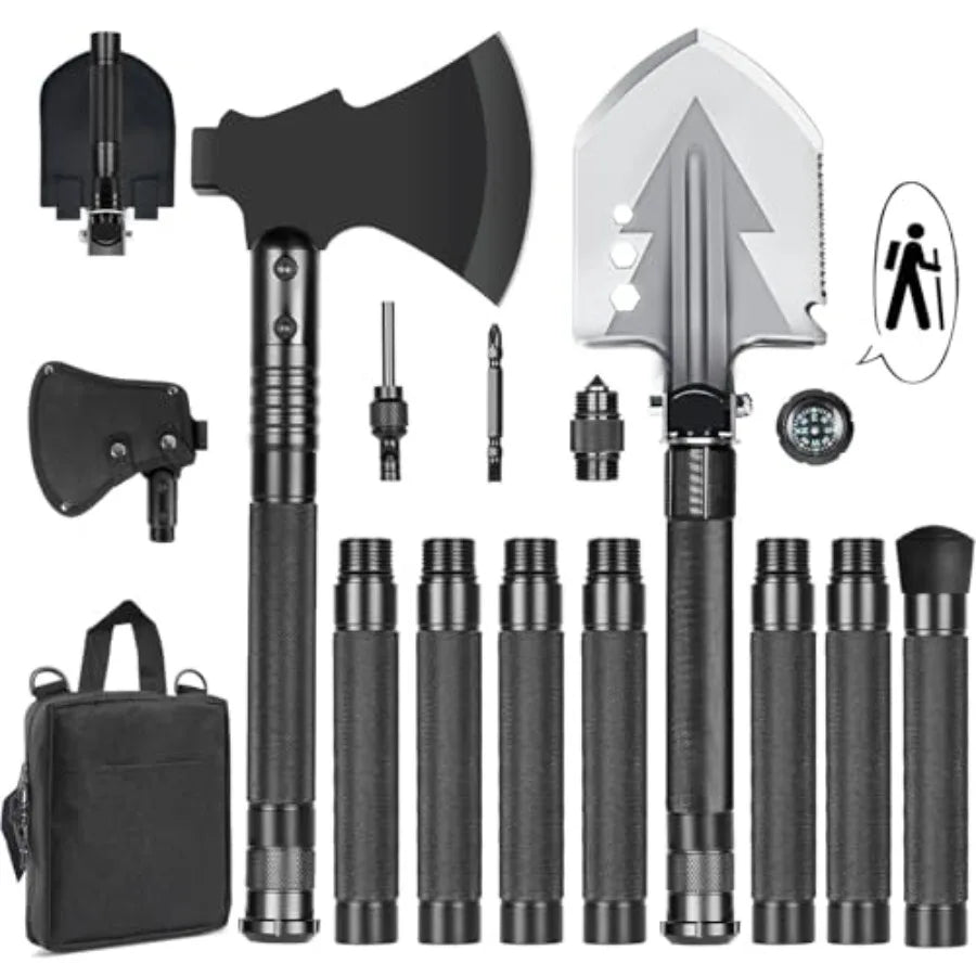 20 in 1 Multitool Survival Kit Camping Shovel Military Axe 55" Trekking Pole Foldable Spade with Portable Bag and Hatchet