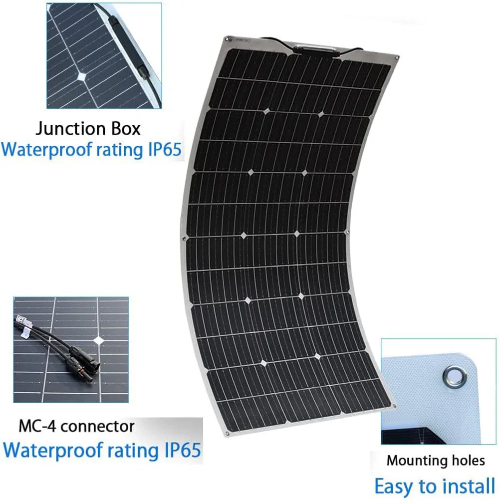 200W Solar Panels 100W Solar Panel 12V Solar Panel Kit 300W Flexible Solar Battery for RV Boat Cabin Tent Car Trailer Battery