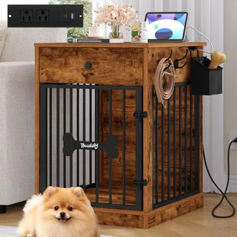 24.6'' Dog Crate Furniture with Charging Station, Dog Kennel Indoor with Flip-Top Storage, Wooden Pet Cage Dog House End Side Table