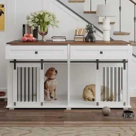 63'' Double Dog Crate Furniture for 2 Dogs, XXL Wooden 2 Dog Kennel, Wooden Dog Kennel with 2 Drawers, Divider and Sliding Door,