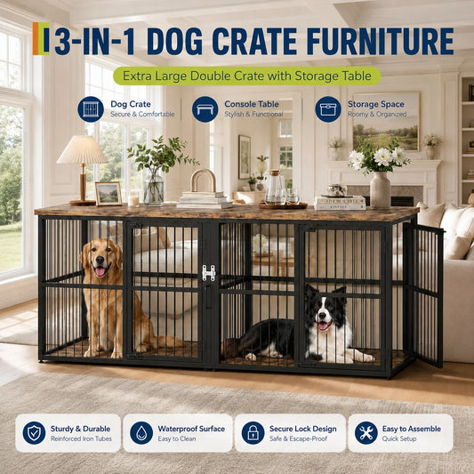 87" Extra Large Double Dog Crate Furniture with Divider, Wooden Indoor Dog Kennel Cabinet with 3 Doors Storage Top for 2 Dogs