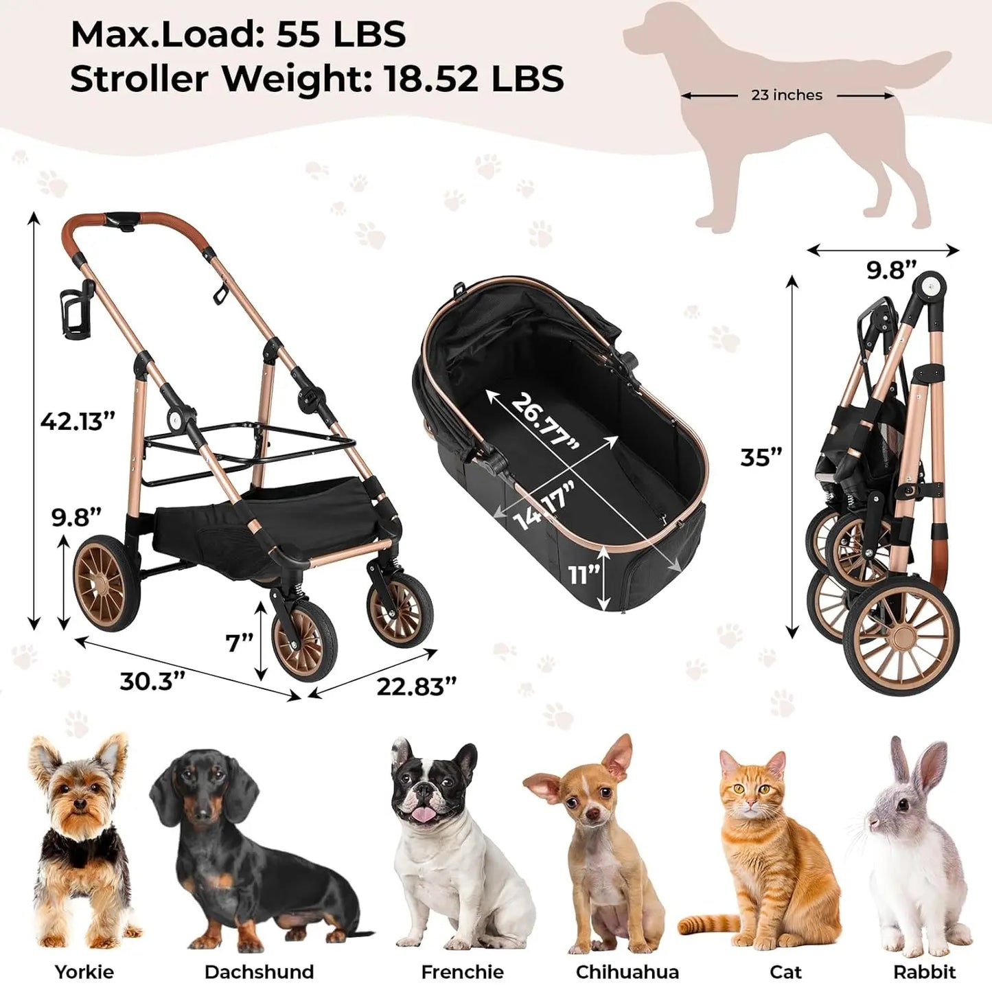 360° High Wheels Transport Foldable Cat Pet Stroller 2-in-1 Dog Buggy Stroller Dog Box Can Be Attached in Car, Max. Load 25 kg