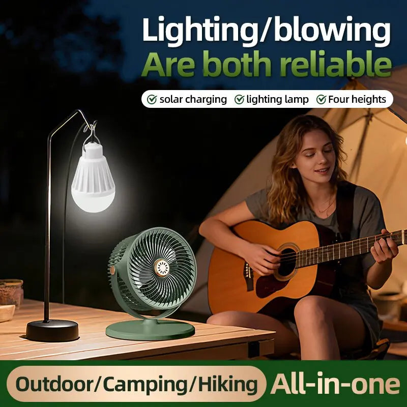 Portable Solar Fan, Multifunctional Camping Fan, Solar Panel or USB Rechargeable Fan, 5 Wind Speeds, 4 Adjustable Heights Floor Fan/Table Fan, Can Charge Mobile, Suitable for Indoor and Outdoor Activities and Emergencies.