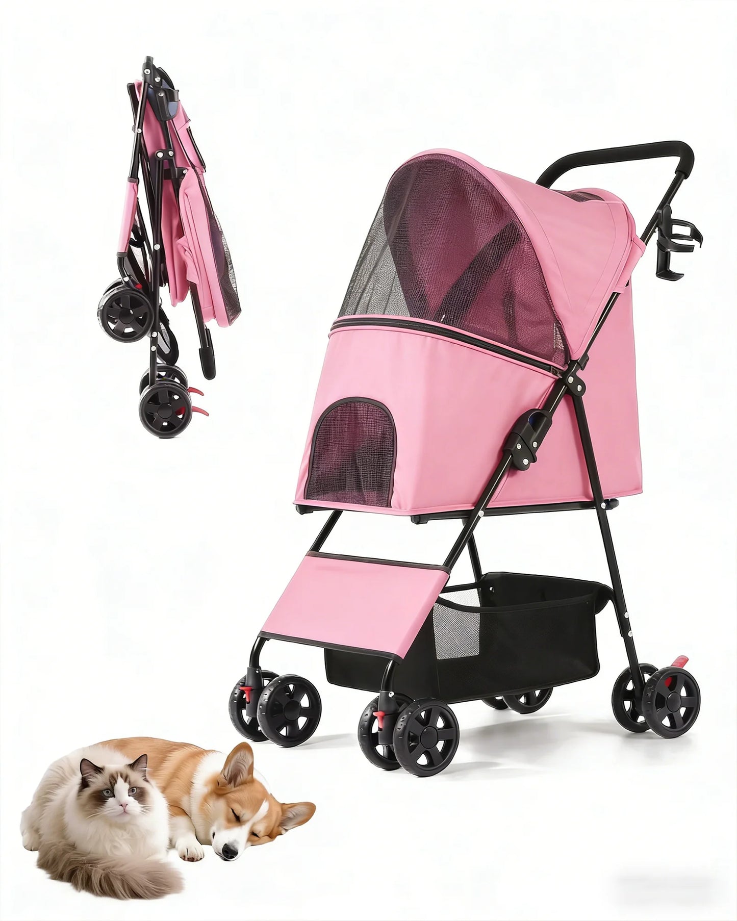 Foldable Pet Stroller Lightweight 4 Wheel Dog Stroller for Small Dogs Cats Portable Travel Pet Cart with Breathable Mesh