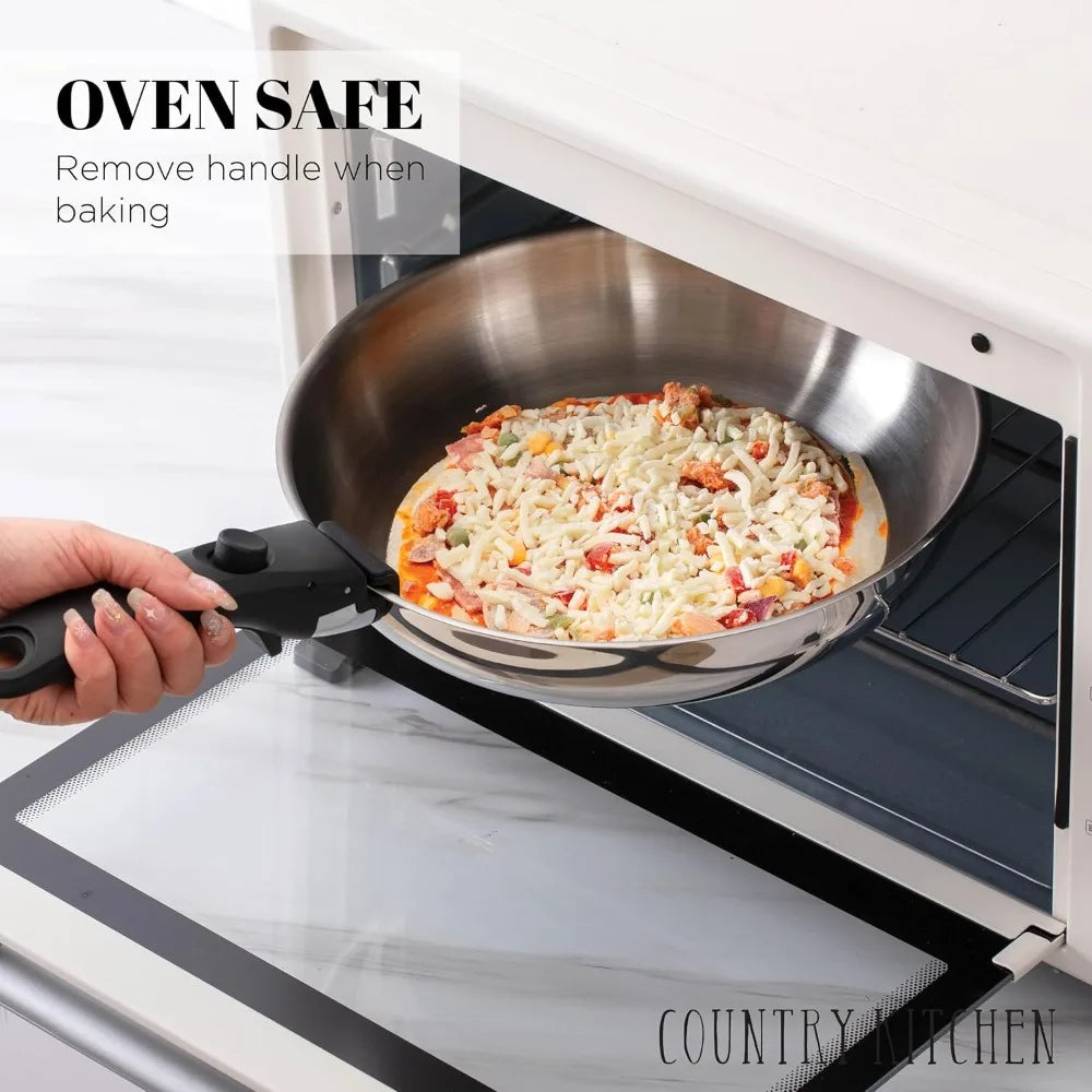 Country Kitchen Cookware Set with Removable Handle, Oven & RV Safe Pots and Pans Set, Stainless Steel