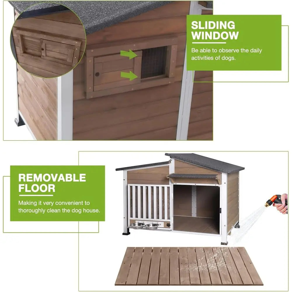 Outdoor Dog House for Large Breeds with Anti-Chew Iron, Weatherproof Kennel with 360° Rotating Bowls for Small to Medium Dogs