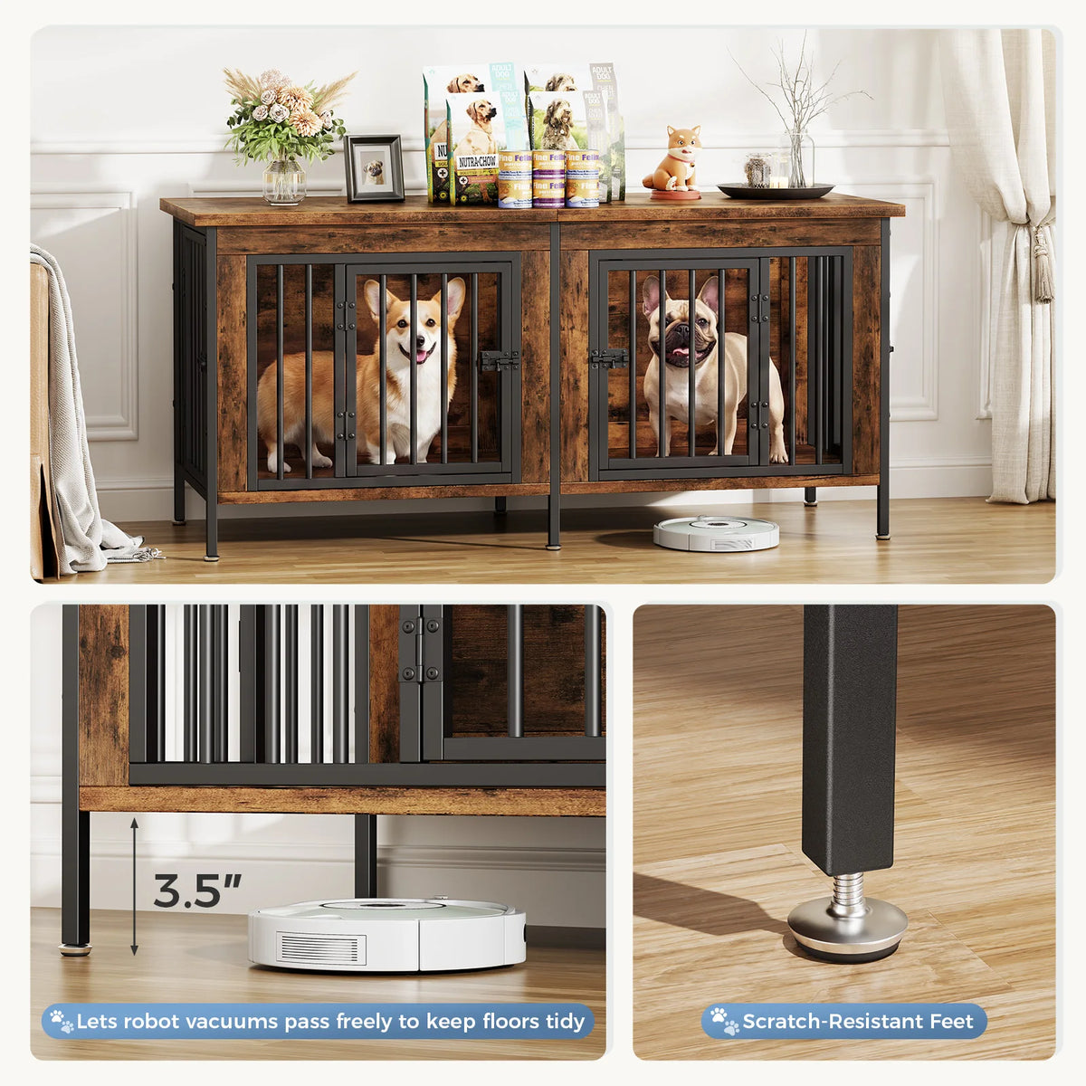 54-Inch Double Door Wooden Dog Cage with Divider Heavy-Duty Extra Large Pet Kennel for Indoor Outdoor Dog Kennel Furniture