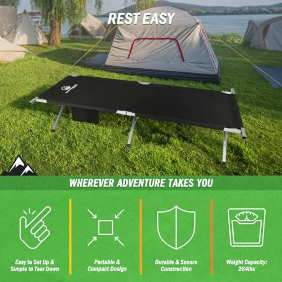 Camping Cot - Portable Folding Camp Bed - 600D Sleeping Cot for Adults with Steel Frame by Outdoors Black
