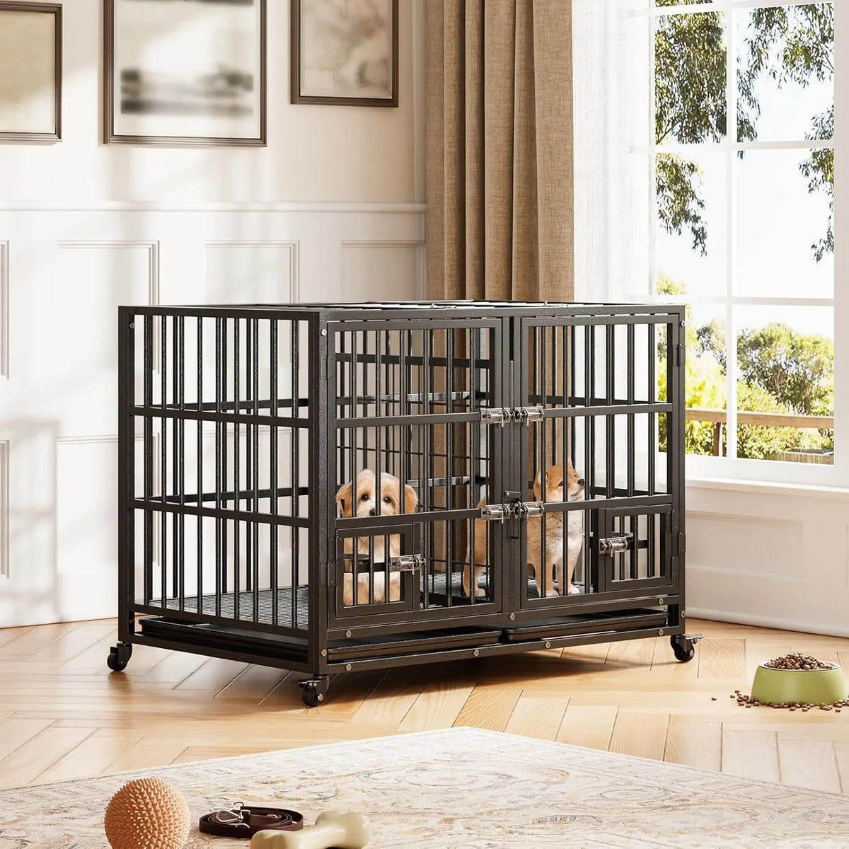 42 Inch Heavy-Duty Dog Crate Metal Dog Cage with Double Door Lockable Wheels Removable Divider Trays Feeding Doors for Small, Medium, Large Dogs Indoor
