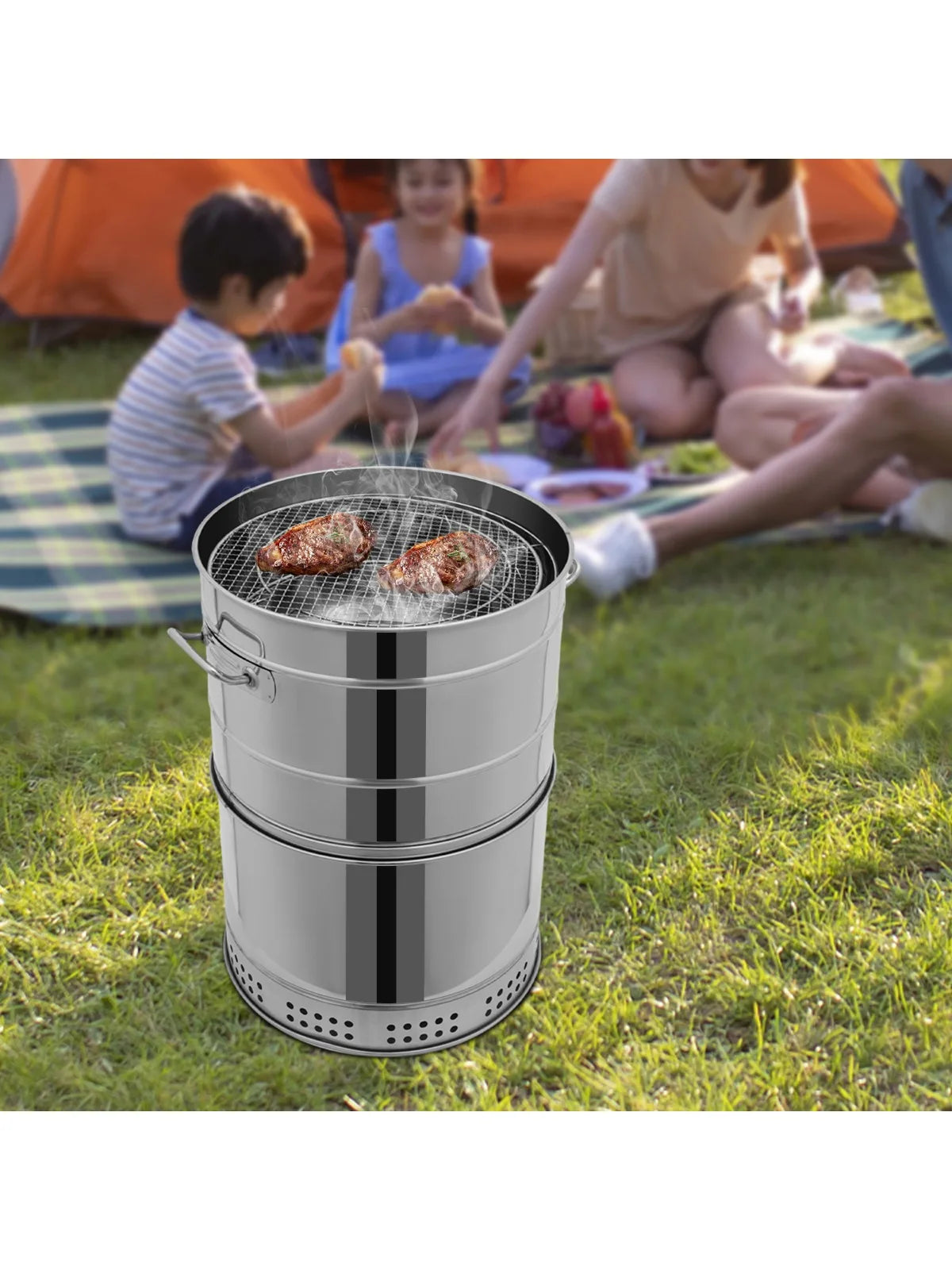 Large Stainless Steel Portable Smokeless Barbecue Charcoal Barrel Grill with Multiple Clips for Camping Picnics Backyard BBQs