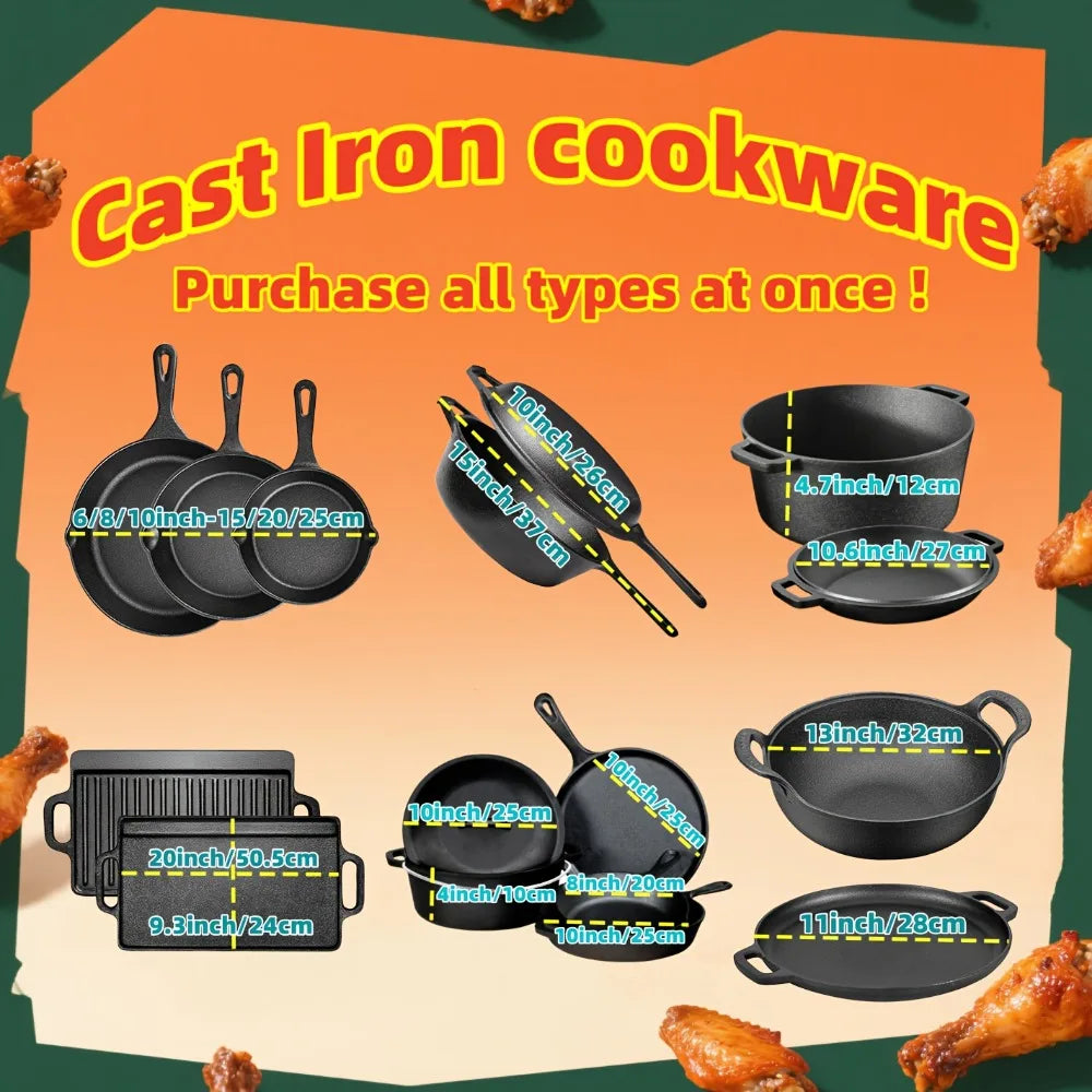 3 PCS Cast Iron Skillet Set (6/8/10 Inch)  Pre-Seasoned, Heavy-Duty Pans for Oven, Grill & Campfire, Even Heat, Non-Stick Surface