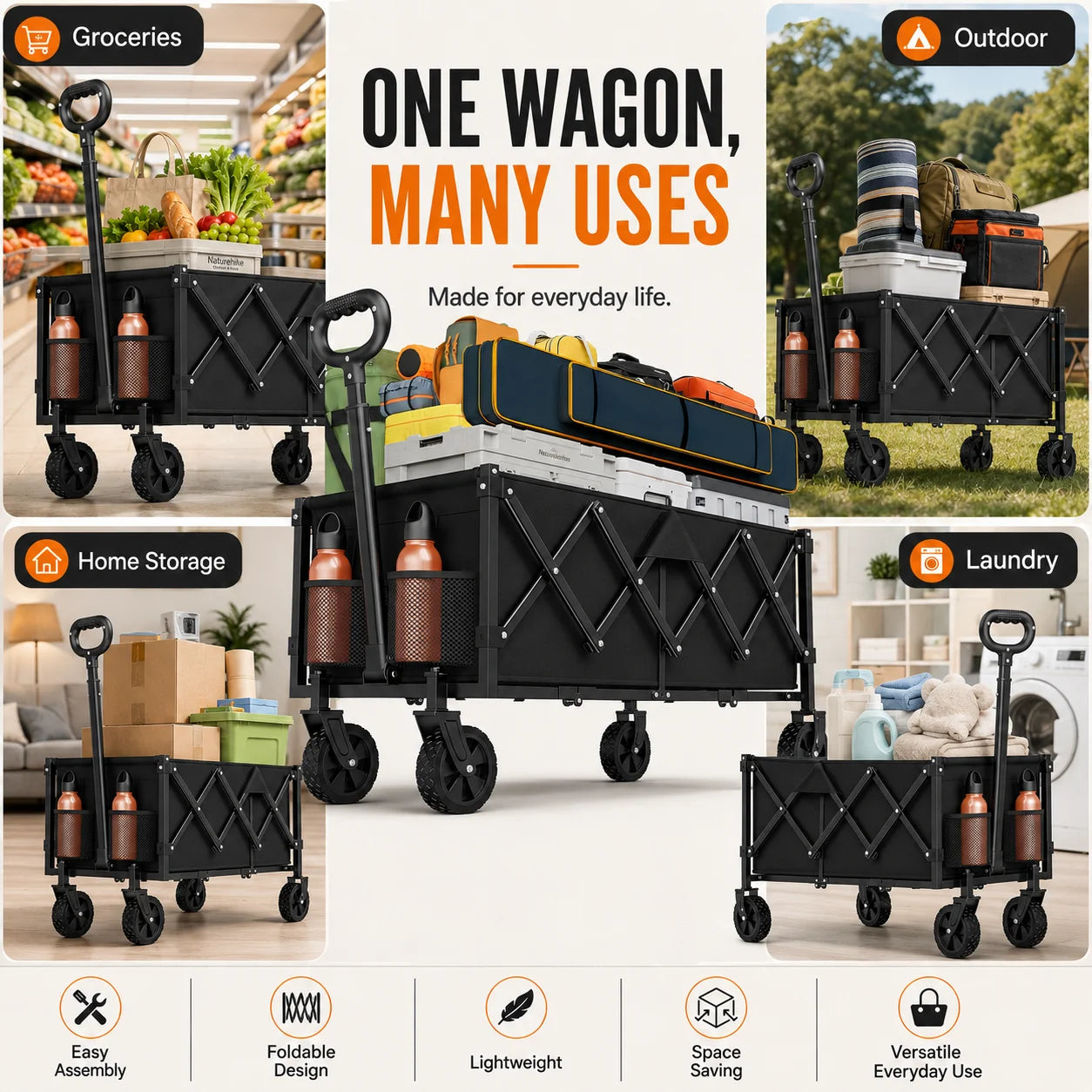460 lbs Heavy Duty Foldable Wagon, Folding Utility Wagon with All Terrain Wheels, Adjustable Handles and Side Bags, Portable Outdoor Cart for Camping, Grocery, Garden, Sports and Beach