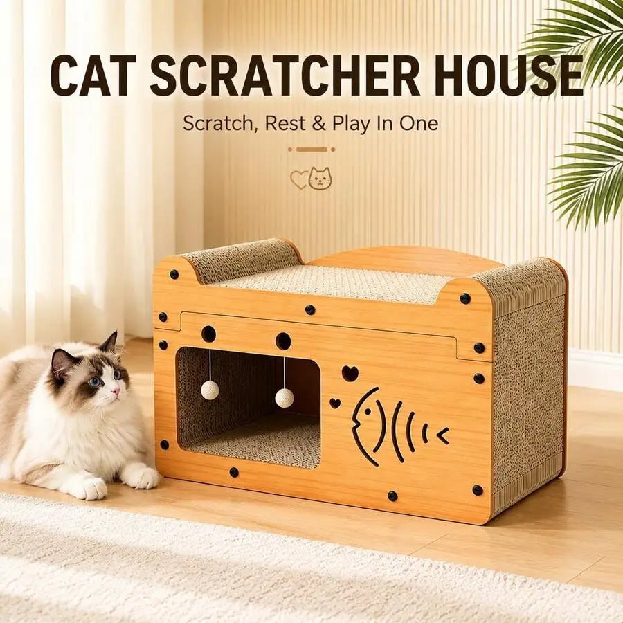 Cat Scratching House With Hanging Toy Balls, 56x30x30cm Corrugated Cardboard Lounge Bed