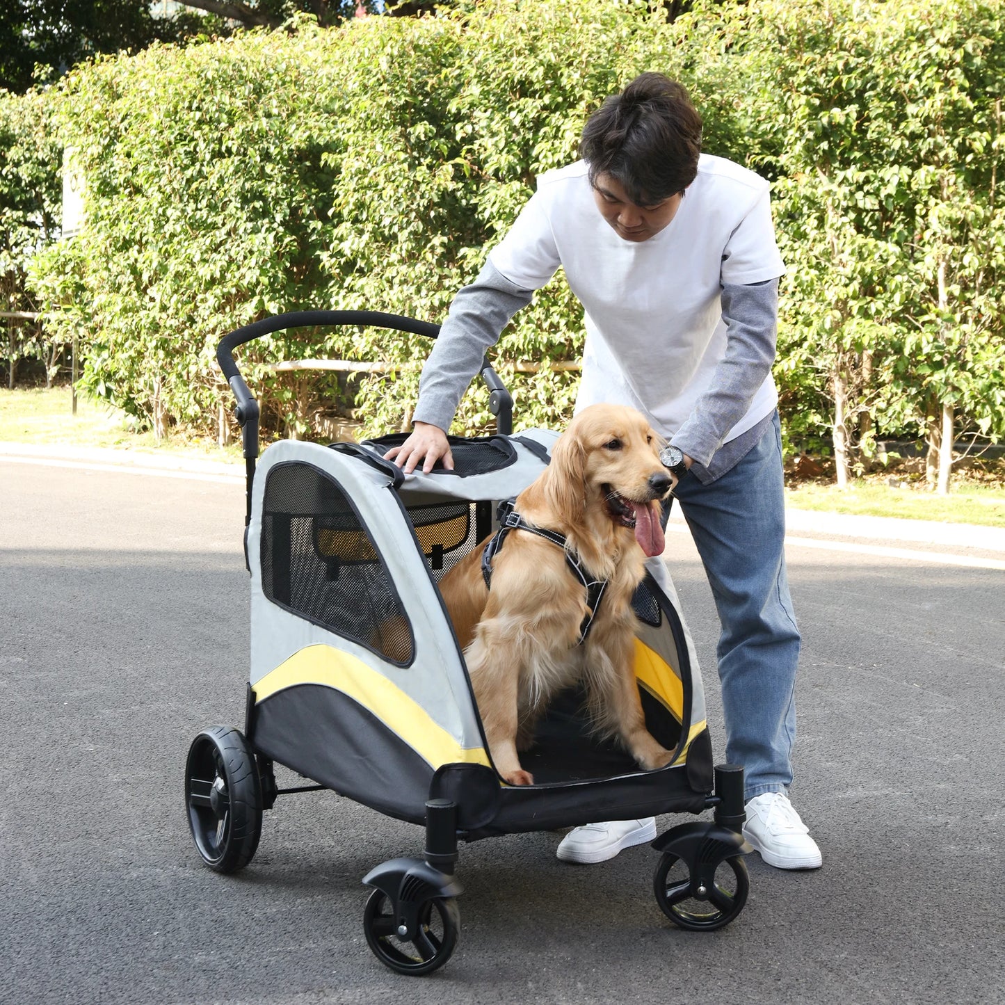 M-XL Dog Stroller Ultra-large 4 Wheels Pet Jogger Wagon Foldable Cart Travel Trolley Outdoor Animal Carrier Load Up To 55 kg