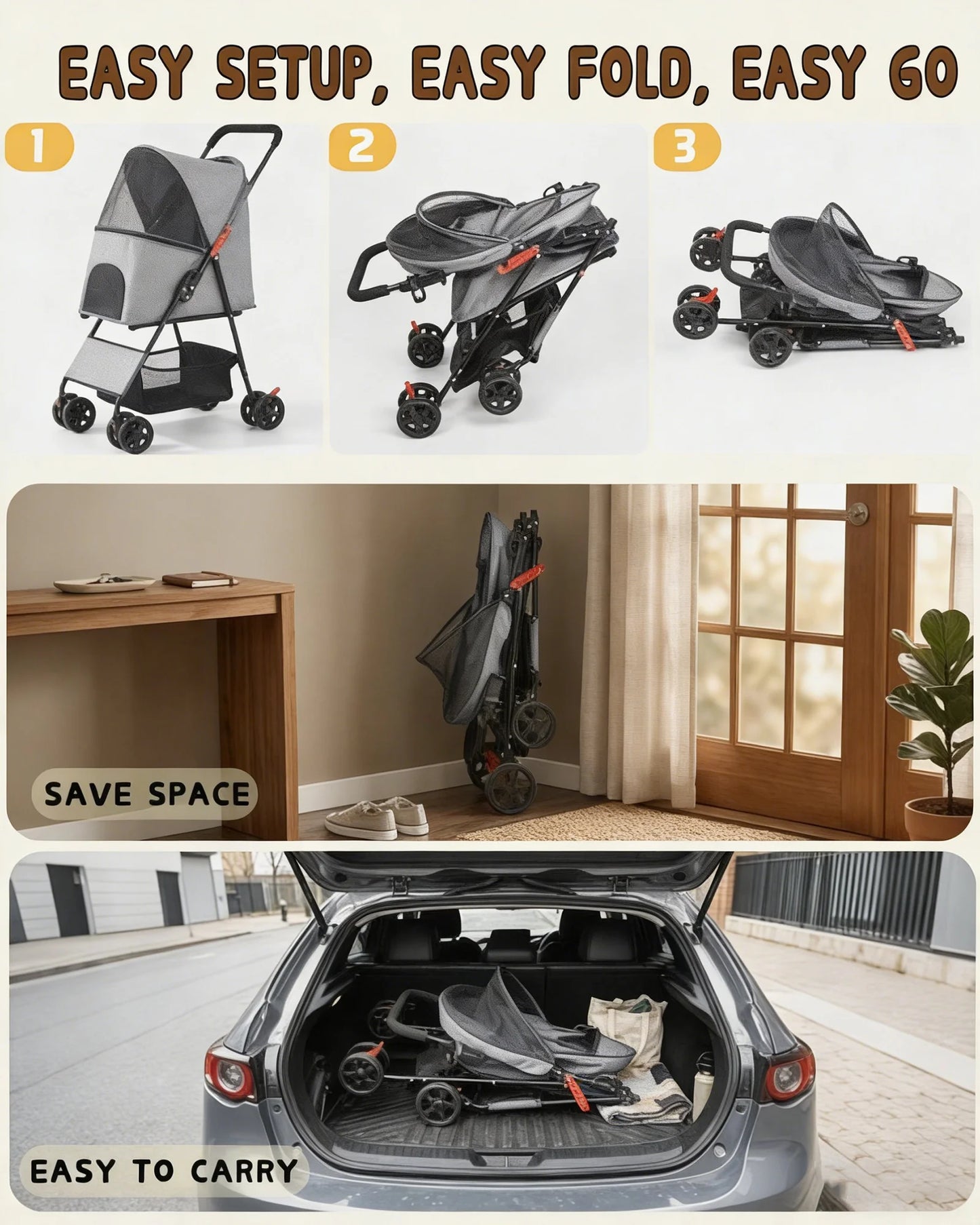 Foldable Pet Stroller Lightweight 4 Wheel Dog Stroller for Small Dogs Cats Portable Travel Pet Cart with Breathable Mesh