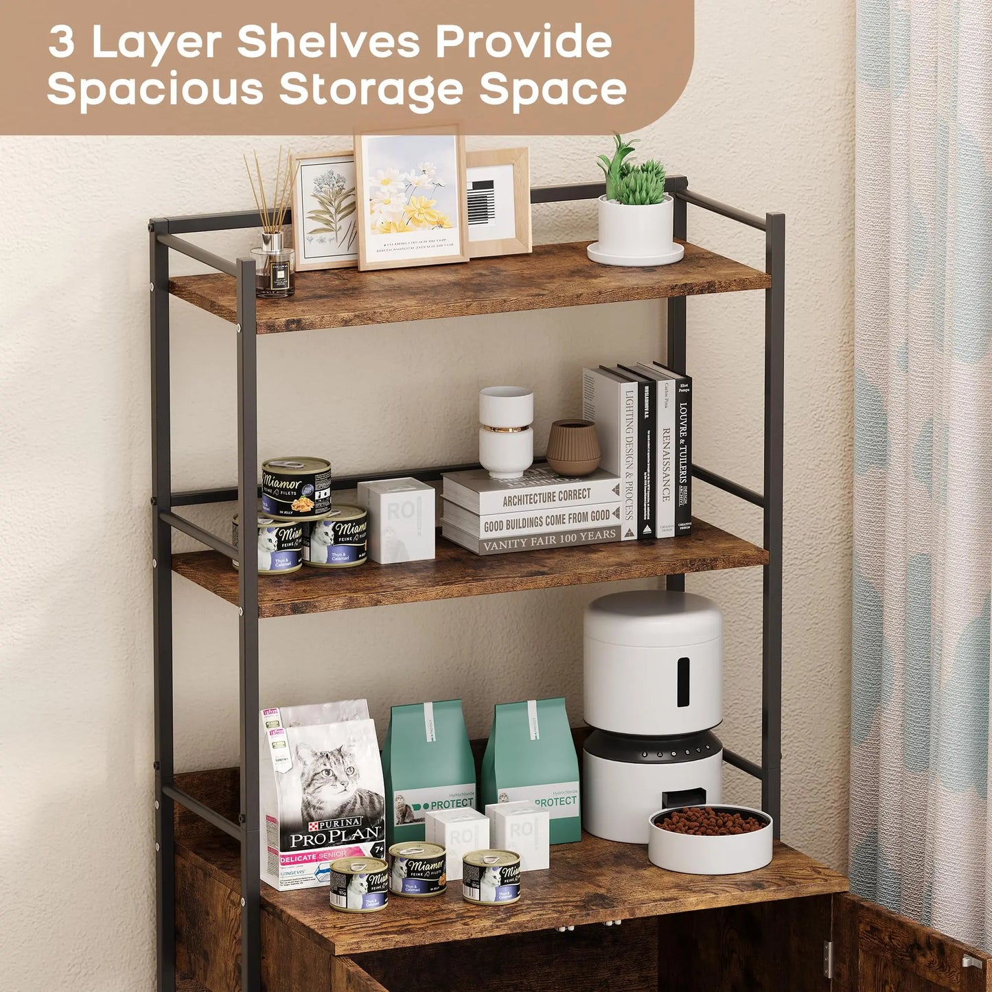 2-in-1 Hidden Cat Litter Box Enclosure Odor Control 3 Metal Shelves Storage Cabinet Multi-Purpose Cat Washroom Furniture