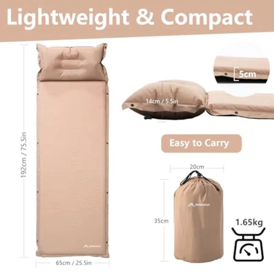 Self-Inflating Sleeping Pad Thick Foam Sleeping Mattress with Pillow for Camping Lightweight Insulated Sleeping Mat Fast Inflate