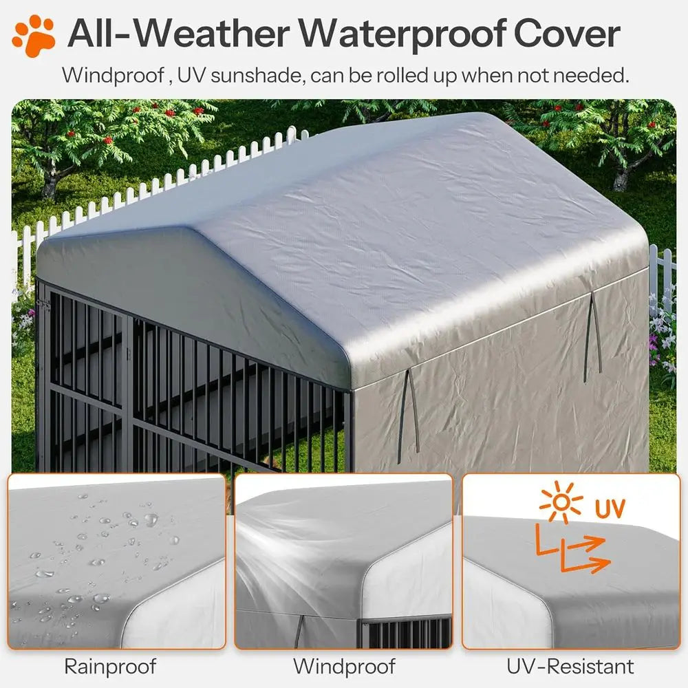 Durable Outdoor Dog Kennel with Waterproof Cover and Rotating Feeding Bowls for Medium to Large Dogs