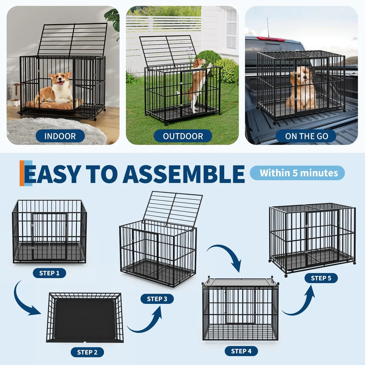 36 Inch Heavy-Duty Stainless Steel Dog Crate Escape-Proof Stackable Indoor Kennel with Double Locking Doors, Removable Tray, Openable Top and Lockable Wheels for Small Dogs