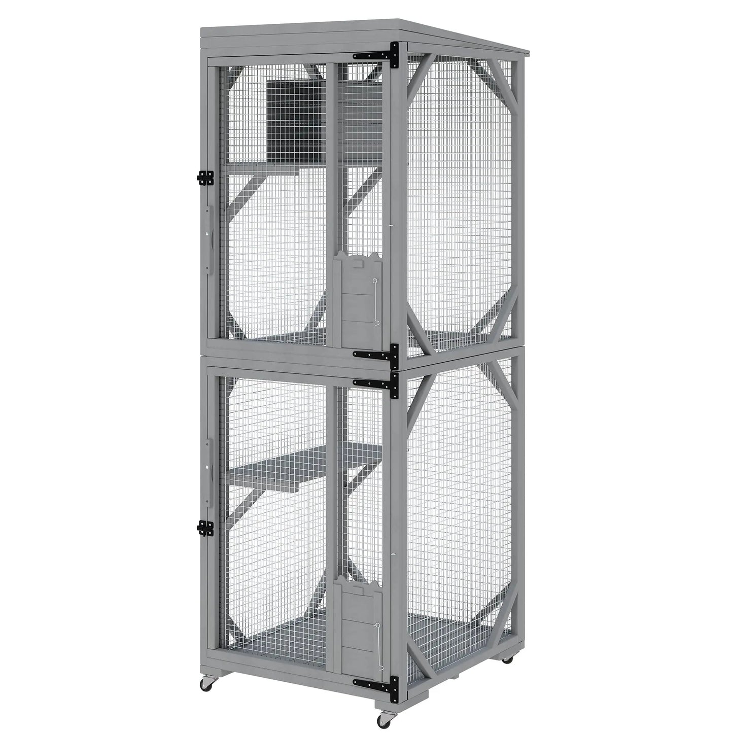 74.8" Large Catio Outdoor Cat Enclosure With 4 Lockable Wheels Weatherproof Multi-Door Cat House Patio Cattery For Multiple Cats