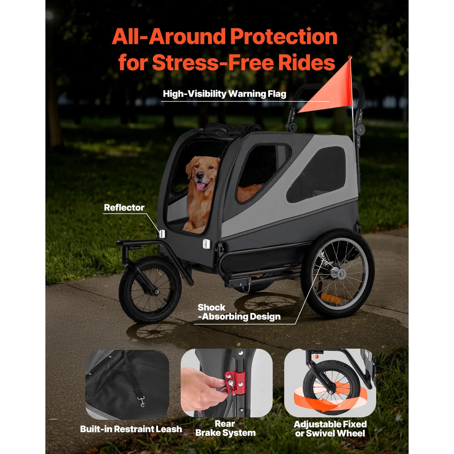 100 lbs Dog Bike Trailer 2-in-1 Pet Stroller Cart Bicycle Carrier with Release Wheel & Coupler for Small & Large Dogs
