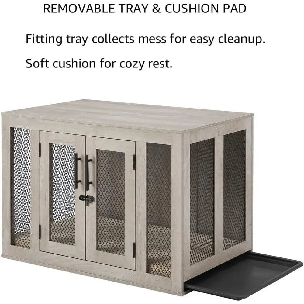 Furniture Style Dog Crate with Cushion and Tray, Mesh Dog Kennels with Double Door, End Table Dog House, Medium Crate Indoor Use